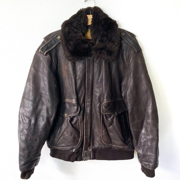 American Vintage Other - Vintage Aviator Pilot Brown Leather Faux Shearling Bomber Jacket // Size Large